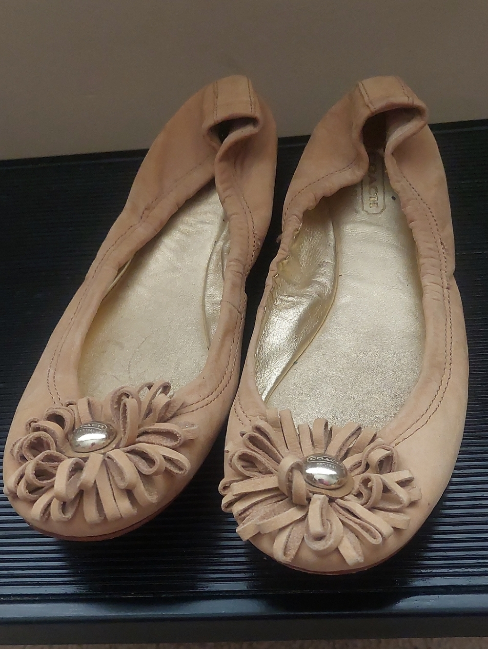 Coach Tan Leather Ballet Flats with Floral Rosette